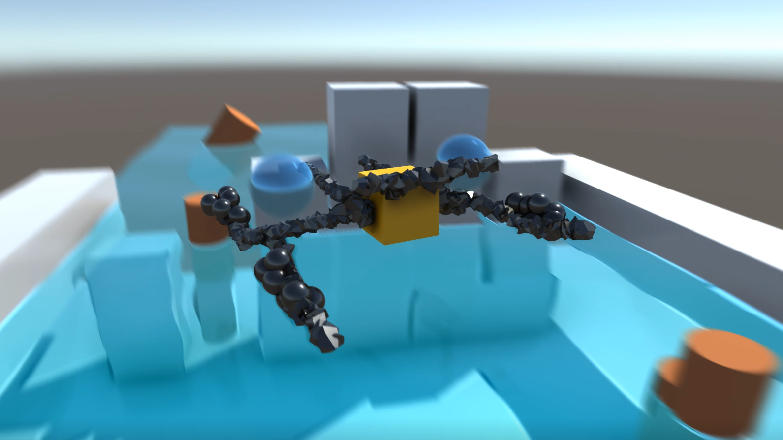 Early in development I experimented with stiff projectiles that allowed players to alter the shape of the object. I cut it as it didn't add enough to the gameplay