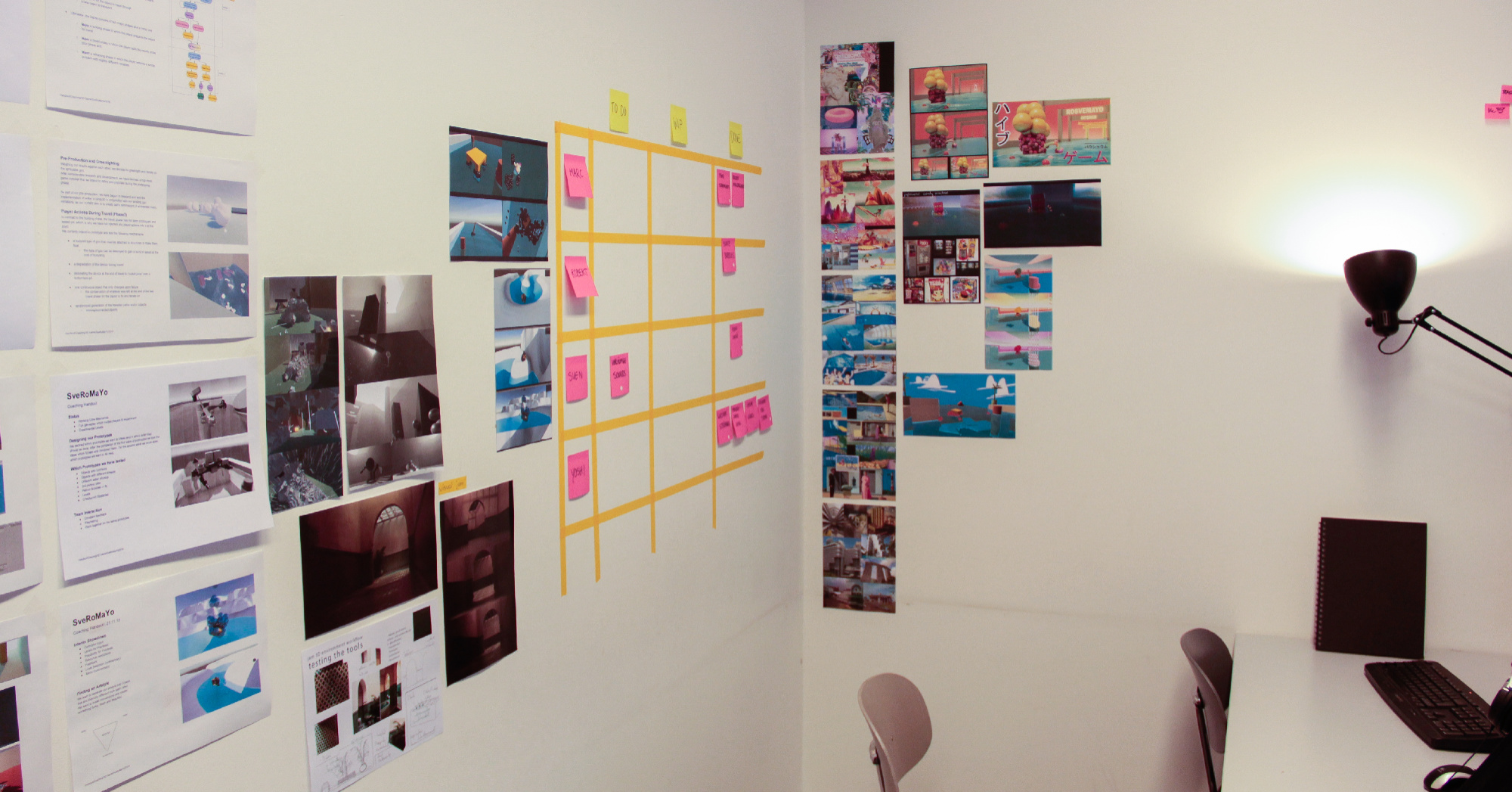 We lined our office walls with concept art, documentation and a kanban board as a central source of project planning