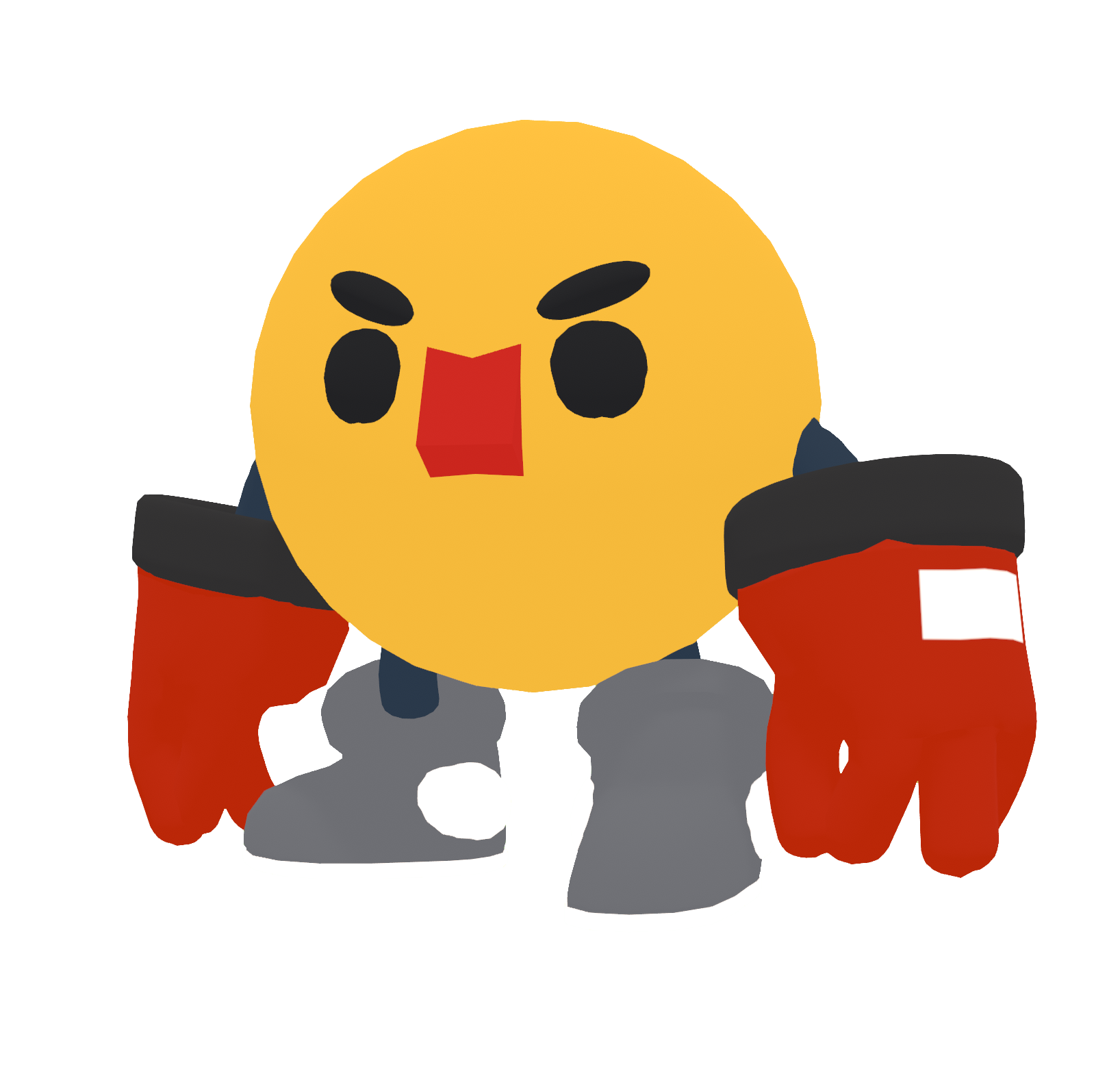 A ball shaped character with a big red nose, big red gloves and grey sneakers.