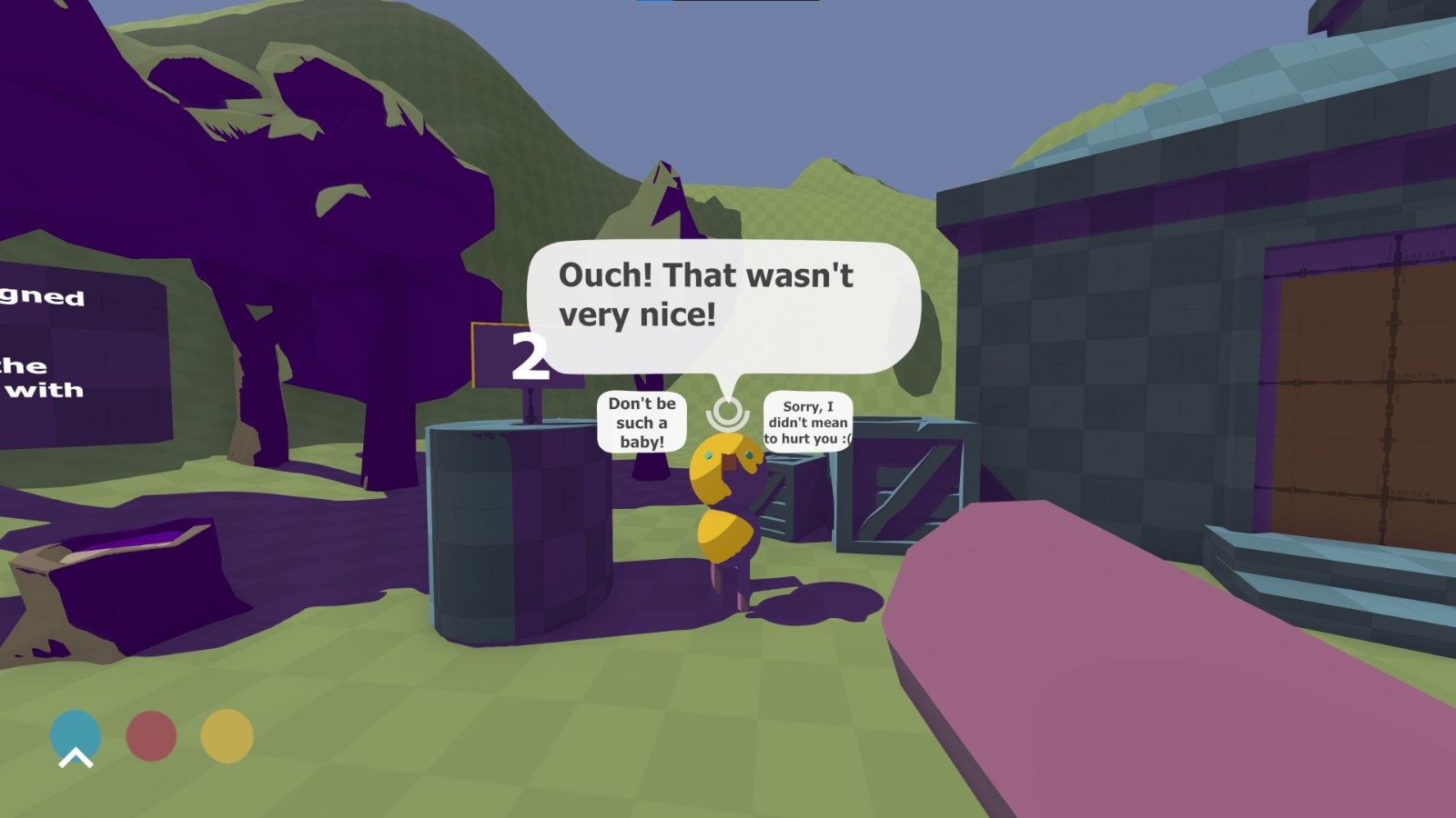a geometric figure with a speech bubble. It says "ouch! that wasn't very nice!"