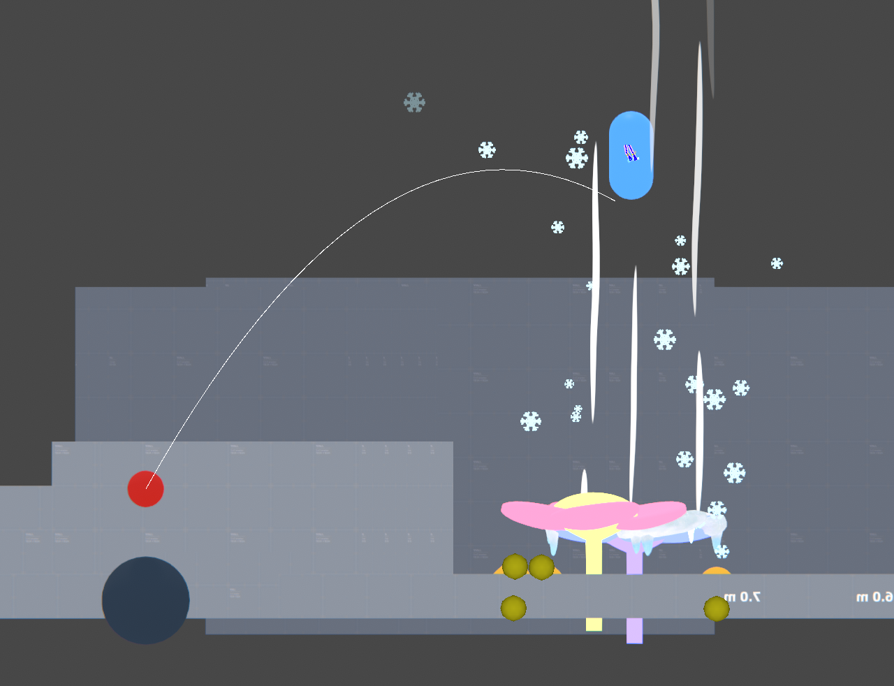Debugging gizmos for a deterministic trajectory calculation for a turret-like enemy.